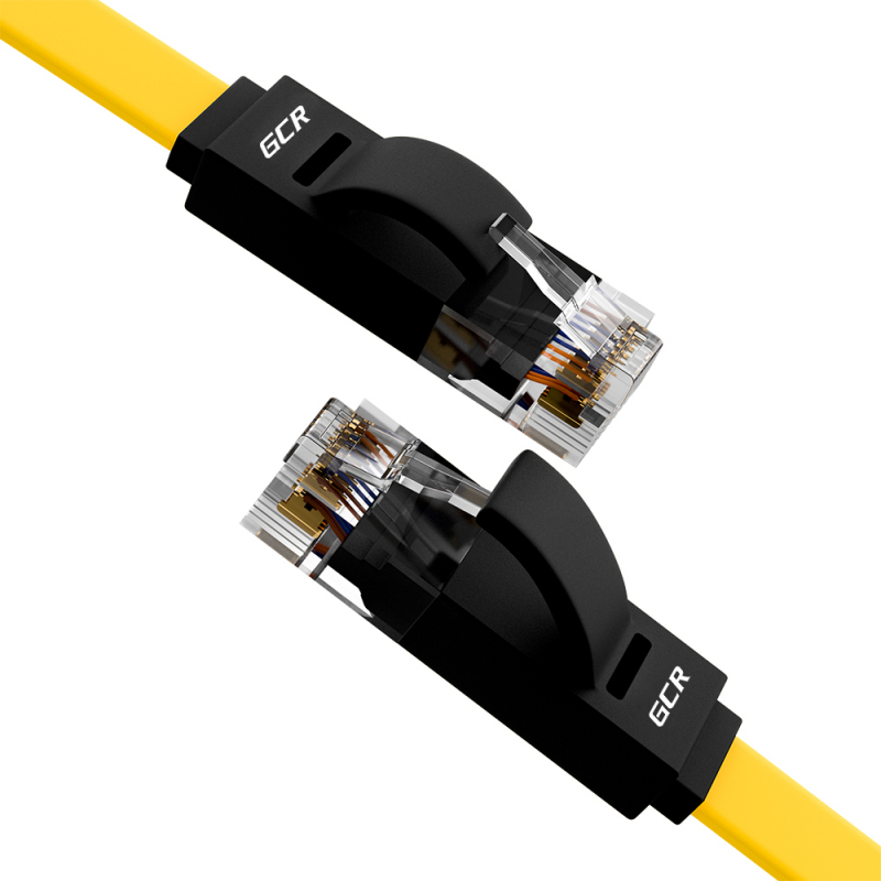 Патч-корд UTP кат.6, 0.5м, RJ45-RJ45, желтый/черный, CU, плоский, GCR (GCR-52091)