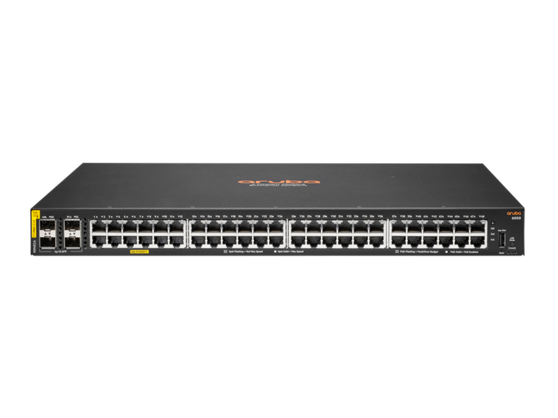 

Коммутатор HPE Aruba 6000 48G, управляемый, кол-во портов: 48x1 Гбит/с, SFP 4x1 Гбит/с, установка в стойку, PoE (макс. 370Вт) (R8N85A), Aruba 6000 48G