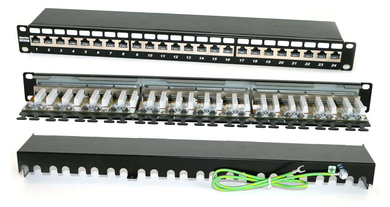 

Патч-панель в шкаф 19" 1U, порты: 24 x RJ-45, экранированная, Патч-панель 19", 1U, 24 порта RJ-45 полн. экран., категория 6A, Dual IDC, Hyperline (PP2-19-24-8P8C-C6A-SH-110D), Патч-панель 19", 1U, 24 порта RJ-45 полн. экран., категория 6A, Dual IDC