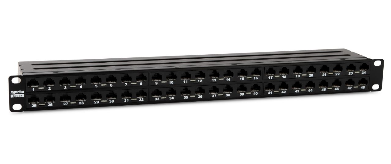 

Патч-панель в шкаф 19" 1U, порты: 48 x RJ-45, Hyperline (PPHD-19-48-8P8C-C6A-110D)