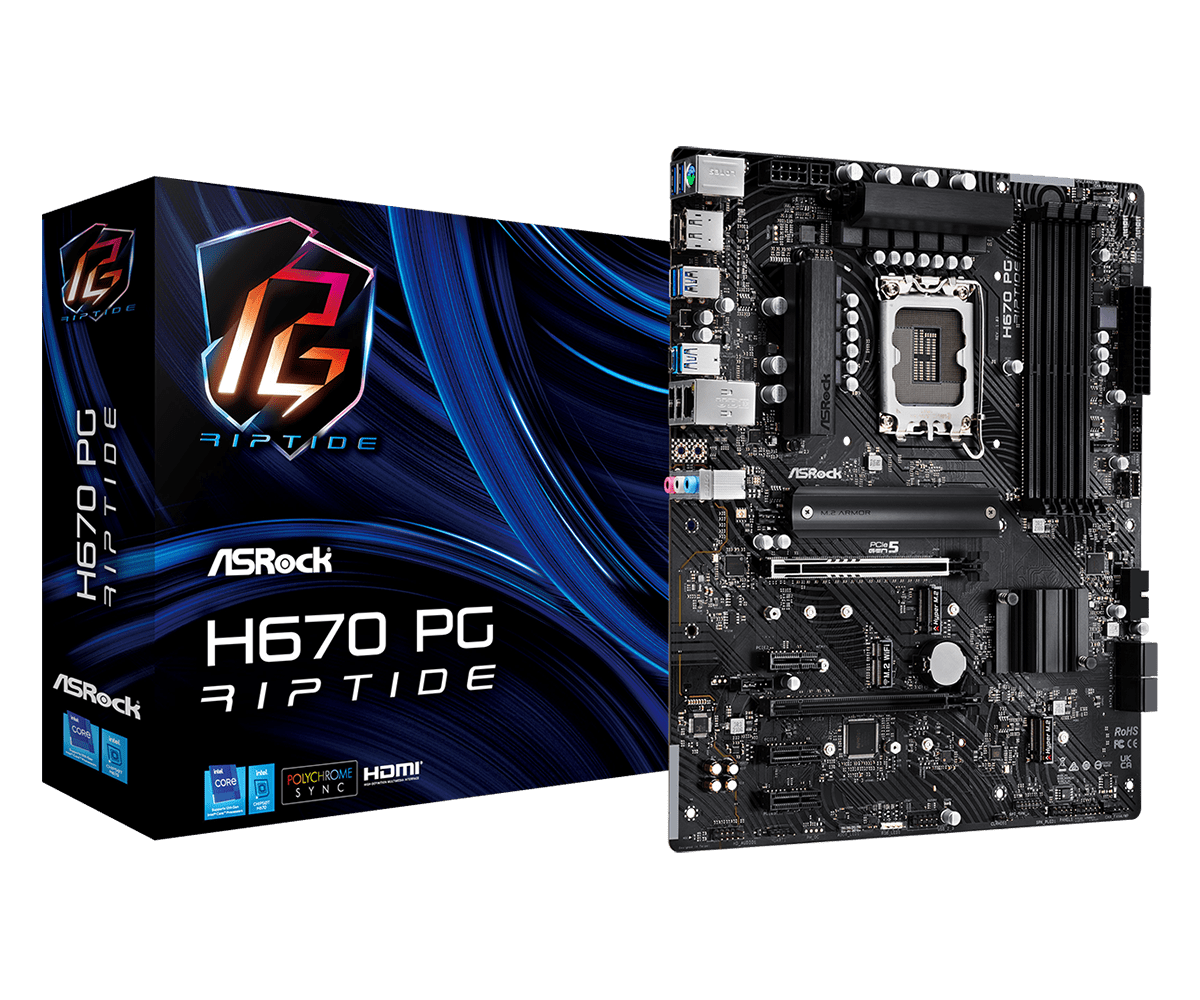 

Материнская плата ASRock H670 PG Riptide, Socket1700, Intel H670, 4xDDR4, 2PCI-Ex16, 4SATA3, 7.1-ch, GLAN, 9 USB 3.2, 2 USB Type-C, HDMI, DP, ATX, Retail, H670 PG Riptide