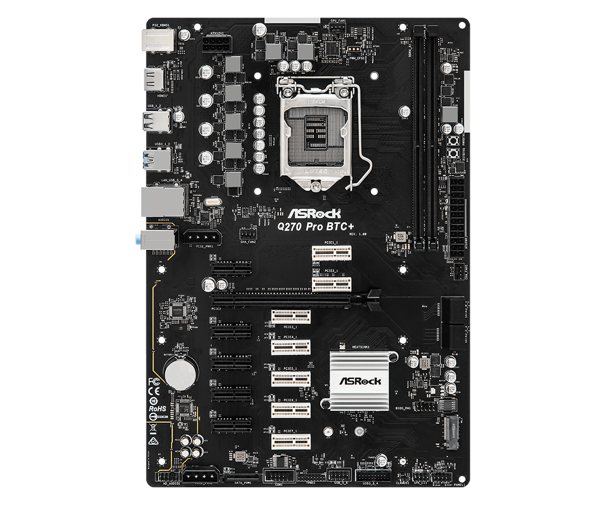 

Материнская плата ASRock Q270 Pro BTC+, Socket1151, Intel Q270, 2xDDR4, PCI-Ex16, 4SATA3, 7.1-ch, GLAN, 4 USB 3.2, HDMI, ATX, Retail, Q270 Pro BTC+