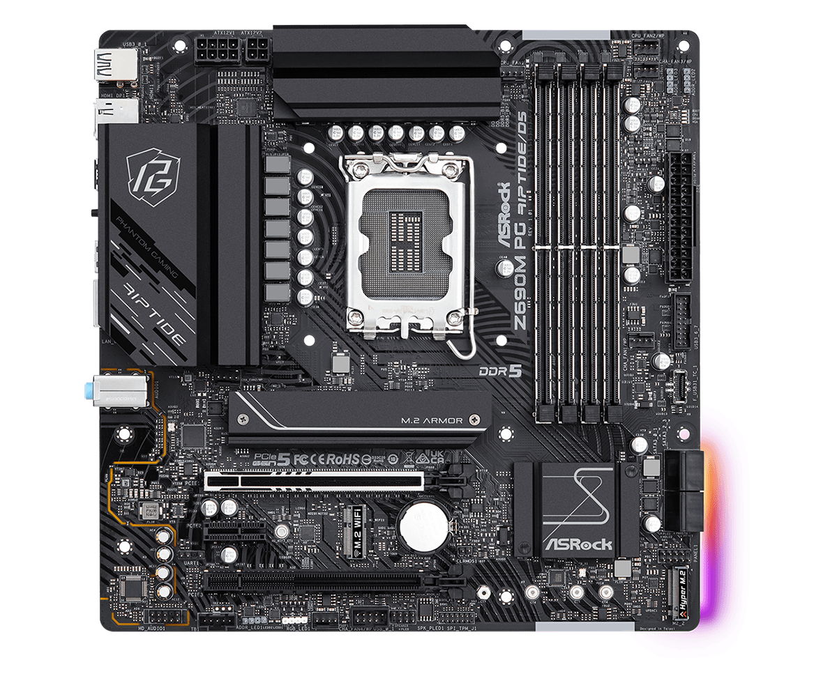 

Материнская плата ASRock Z690M PG RIPTIDE/D5, Socket1700, Intel Z690, 4xDDR5 DIMM, 2PCI-Ex16, 4SATA3, 7.1-ch, 1х2,5 Гбит/с, 9 USB 3.2, 2 USB Type-C, HDMI, DP, mATX, Retail, Z690M PG RIPTIDE/D5