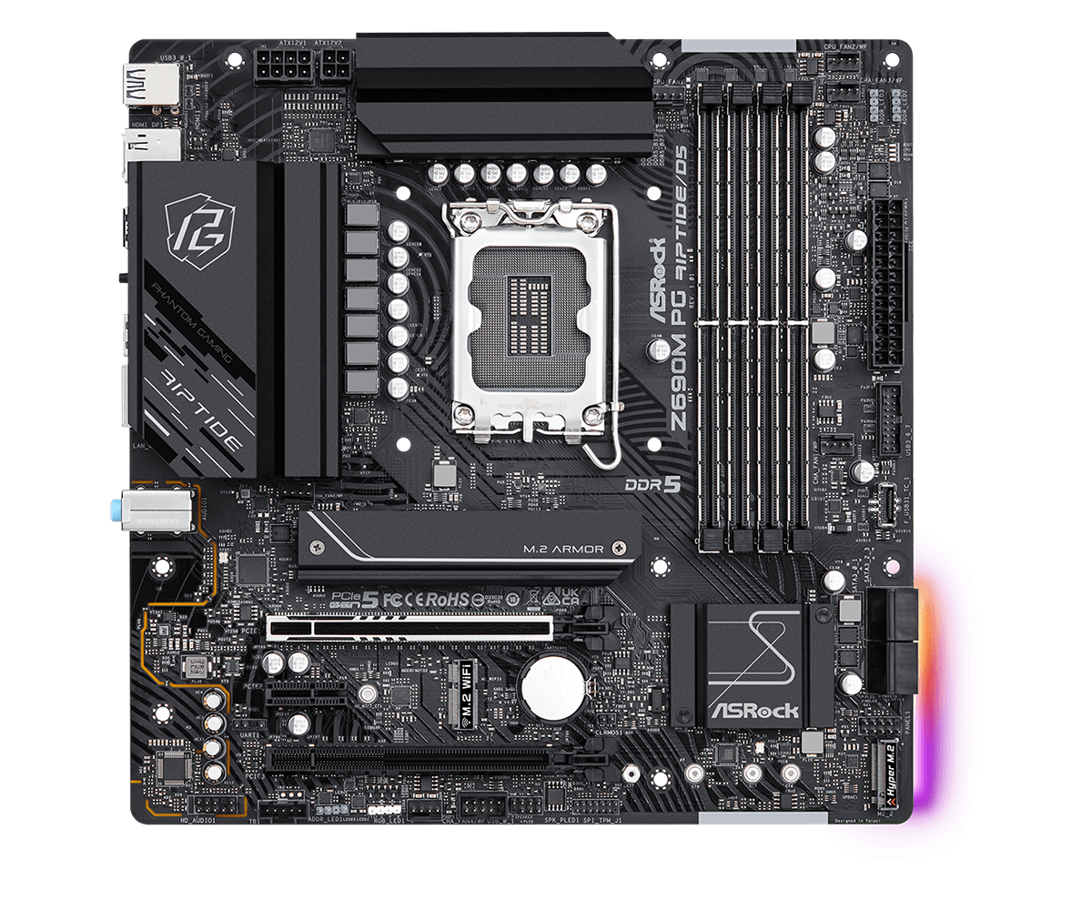 Материнская плата ASRock Z690M PG RIPTIDE/D5, Socket1700, Intel Z690, 4xDDR5 DIMM, 2PCI-Ex16, 4SATA3, 7.1-ch, 1х2,5 Гбит/с, 9 USB 3.2, 2 USB Type-C, HDMI, DP, mATX, Retail Z690M PG RIPTIDE/D5 Z690M PG RIPTIDE/D5 - фото 1