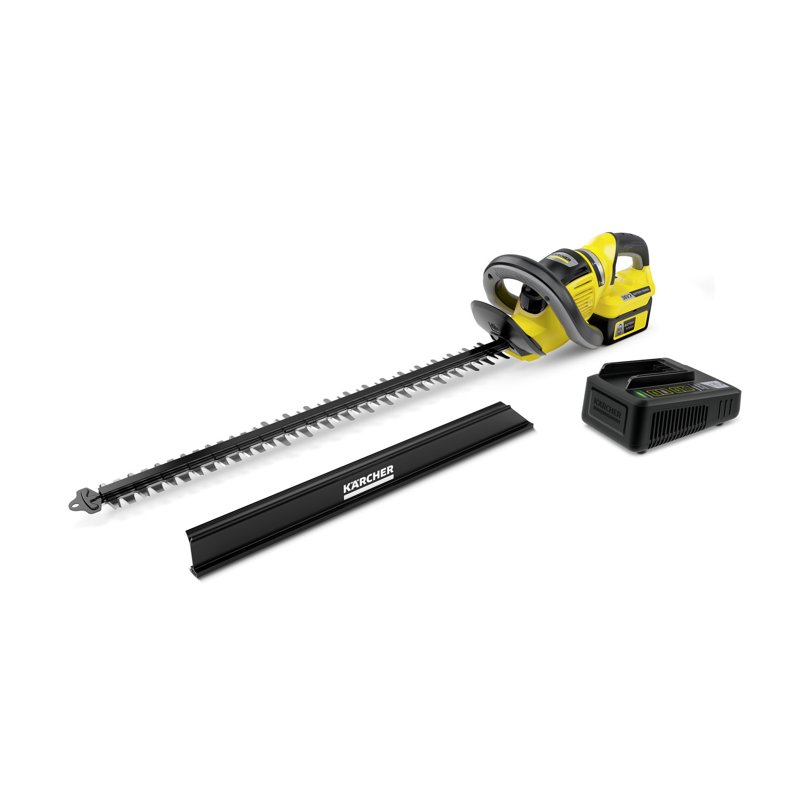 Кусторез Karcher HGE 36-60, аккумуляторный, Li-Ion, 2.5 А·ч, 36 В, длина лезвия 60 см, 3.4 кг (1.444-251.0)