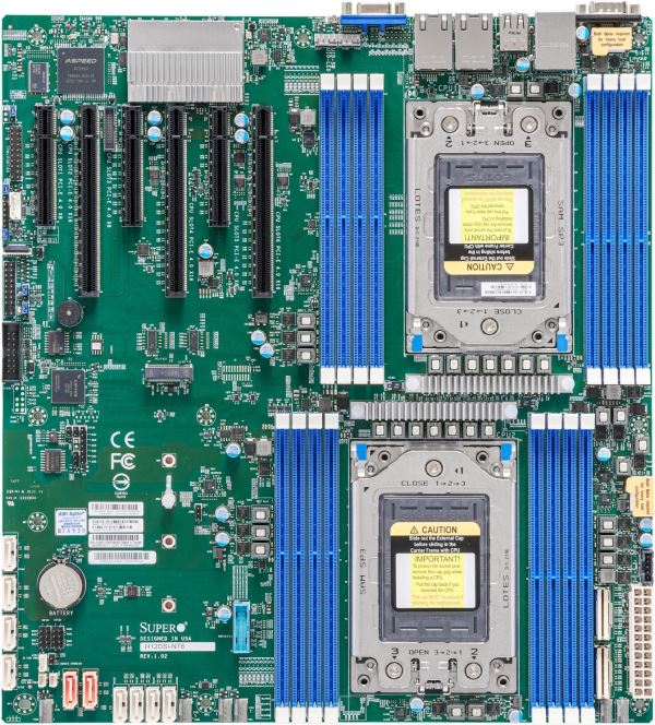 

Материнская плата Supermicro H12DSi-NT6, 2xSocket SP3, 16xDDR4, 3PCI-Ex16, 3PCI-Ex8, 1xM.2-PCI-E, 10SATA3, 2x10GLAN, IPMI, 2xUSB 2.0, 4xUSB 3.0, VGA, E-ATX, Bulk (MBD-H12DSI-NT6-B), H12DSi-NT6