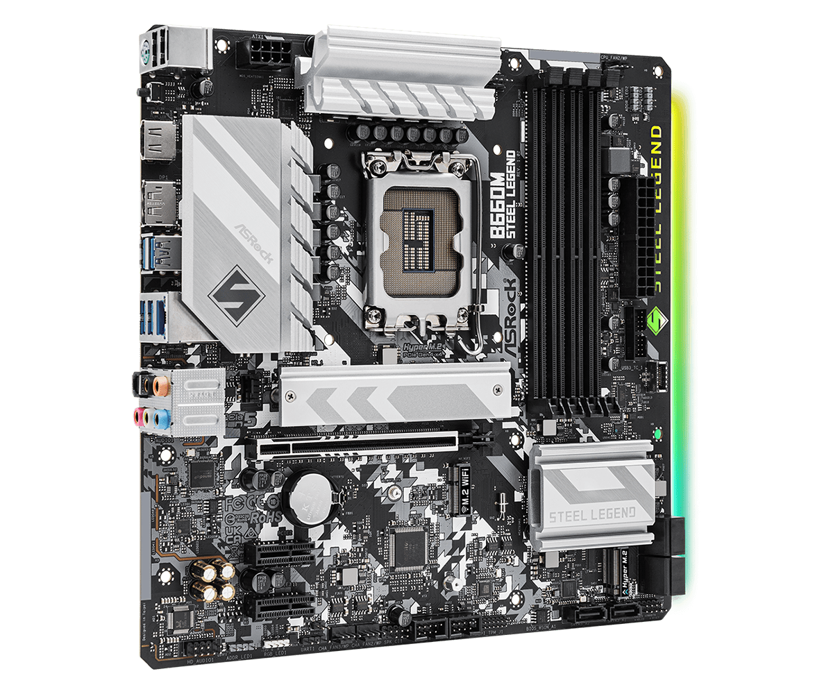 

Материнская плата ASRock B660M STEEL LEGEND, Socket1700, Intel B660, 4xDDR4, PCI-Ex16, 6SATA3, 7.1-ch, 6 USB 3.2, 1 USB Type-C, HDMI, DP, mATX, Retail, B660M STEEL LEGEND