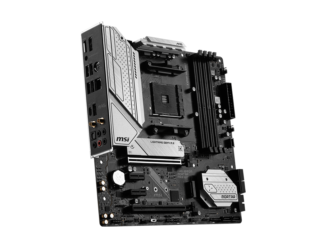 

Материнская плата MSI MAG B550M MORTAR MAX WIFI, SocketAM4, AMD B550, 4xDDR4, 2PCI-Ex16, 6SATA3, 7.1-ch, 2.5GLAN, 5 USB 3.2, 2 USB Type-C, HDMI, DP, mATX, Retail, MAG B550M MORTAR MAX WIFI