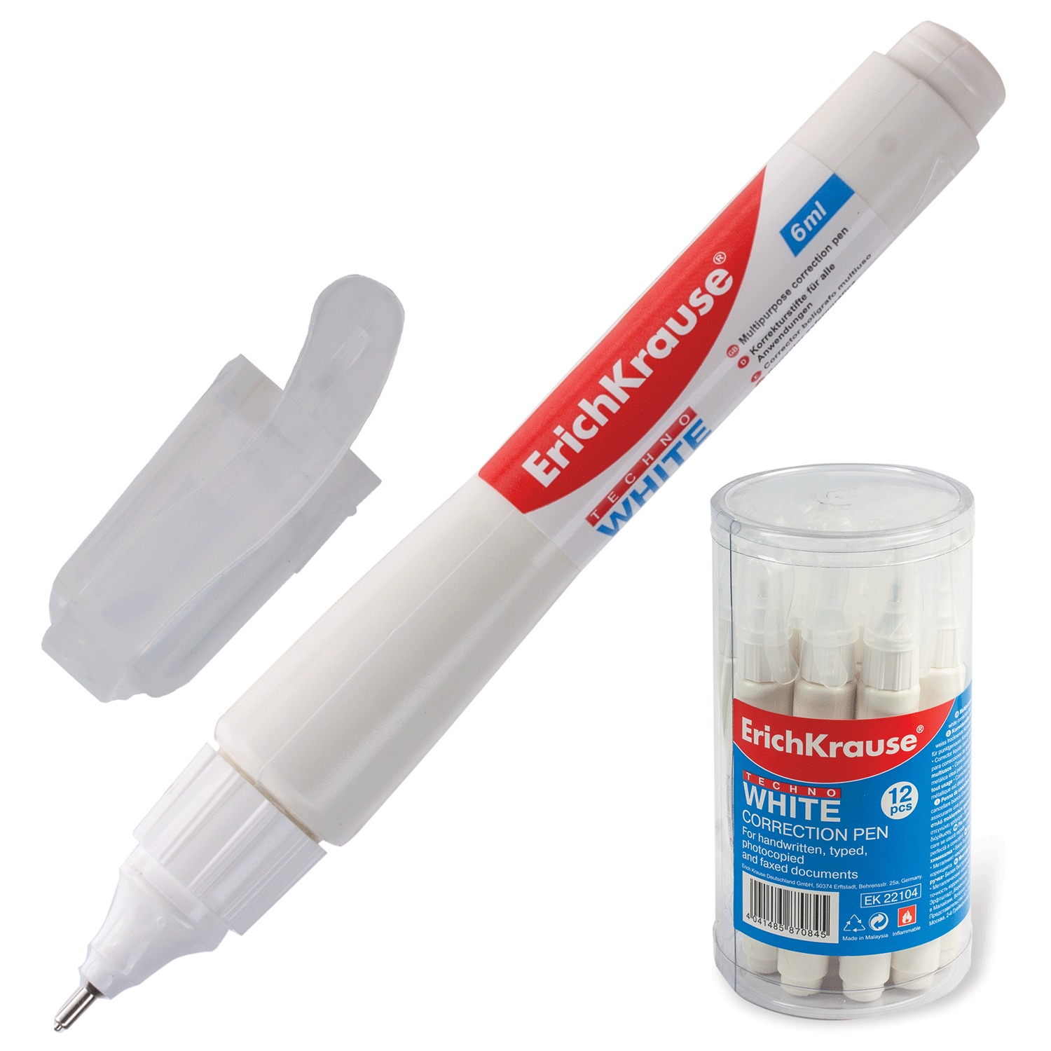 

Корректор ручка Erich Krause Techno White, 6мл, корпус белый (22104), White