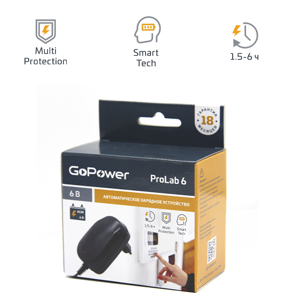 

Зарядное устройство для аккумуляторов GoPower ProLab 6, 1x свинцово-кислотные аккумуляторы 6 В, черный (00-00015354), ProLab 6