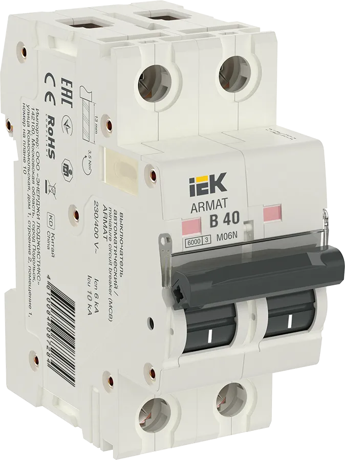

Выключатель автоматический IEK M06N Armat двухполюсный (2P/2П) 40A B 6кА (AR-M06N-2-B040), M06N