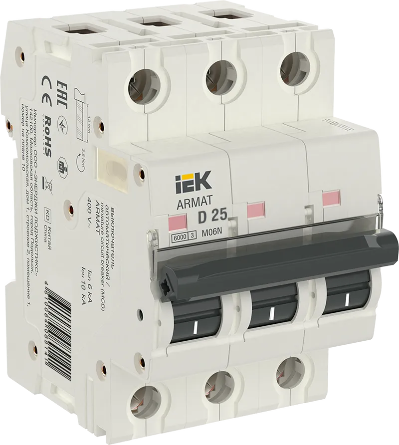 

Выключатель автоматический IEK M06N Armat трехполюсный (3P/3П) 25A D 6кА (AR-M06N-3-D025), M06N