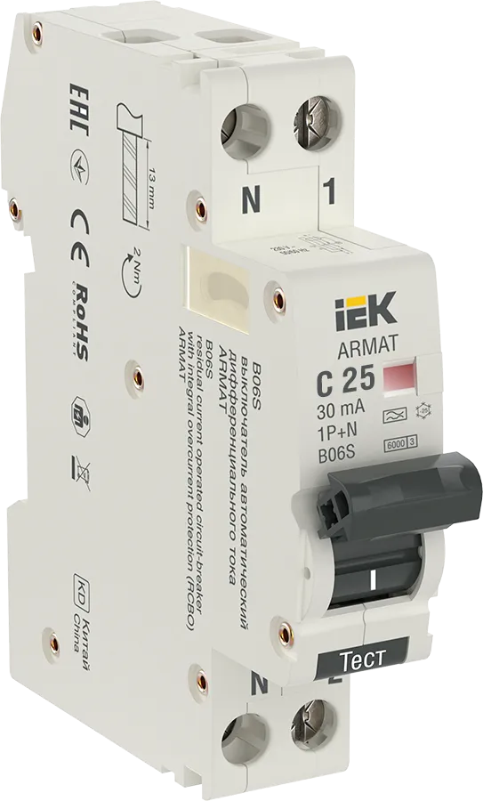 Дифференциальный автомат IEK B06S, 1P+N, C, 25А, A/30мА