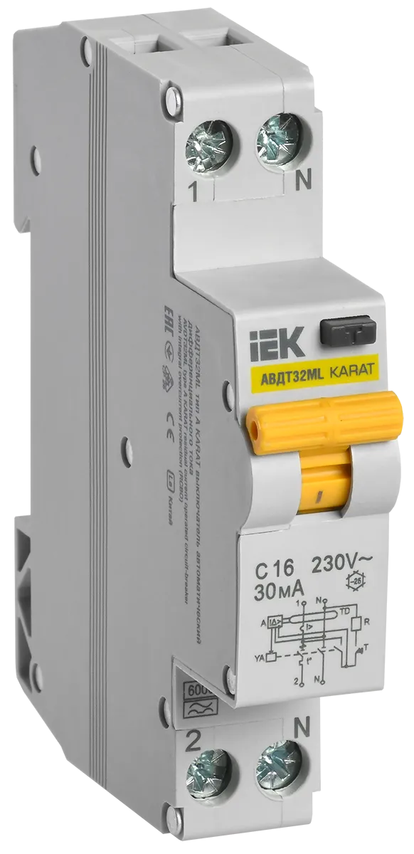 Дифференциальный автомат IEK АВДТ32ML, 1P+N, C, 16А, A/30мА