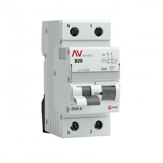 

Выключатель автоматический дифференциального тока EKF Averes DVA-6 , 2P, B, 20A, AC/30мА (rcbo6-1pn-20B-30-ac-av), DVA-6