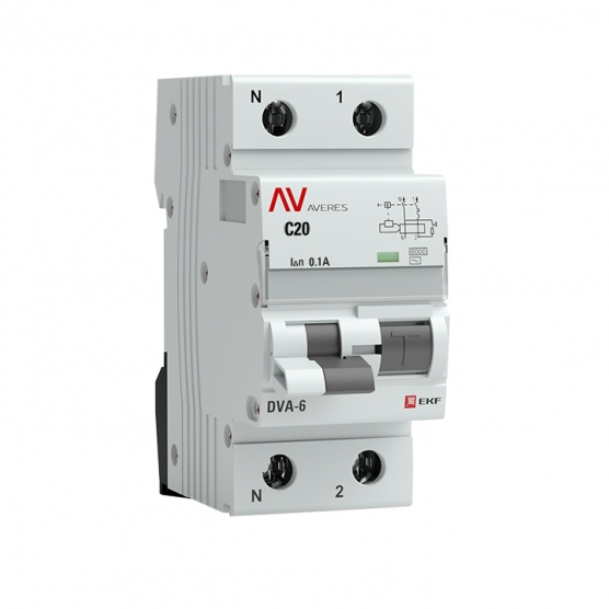 

Выключатель автоматический дифференциального тока EKF Averes DVA-6, 2P, C, 20A, AC/100мА (rcbo6-1pn-20C-100-ac-av), DVA-6
