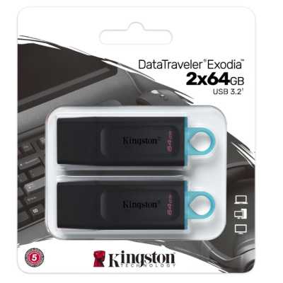 Флешка 64Gb USB 3.2 Gen 1 Kingston DataTraveler Exodia DTX/64GB-2P, черный/бирюзовый (DTX/64GB-2P)