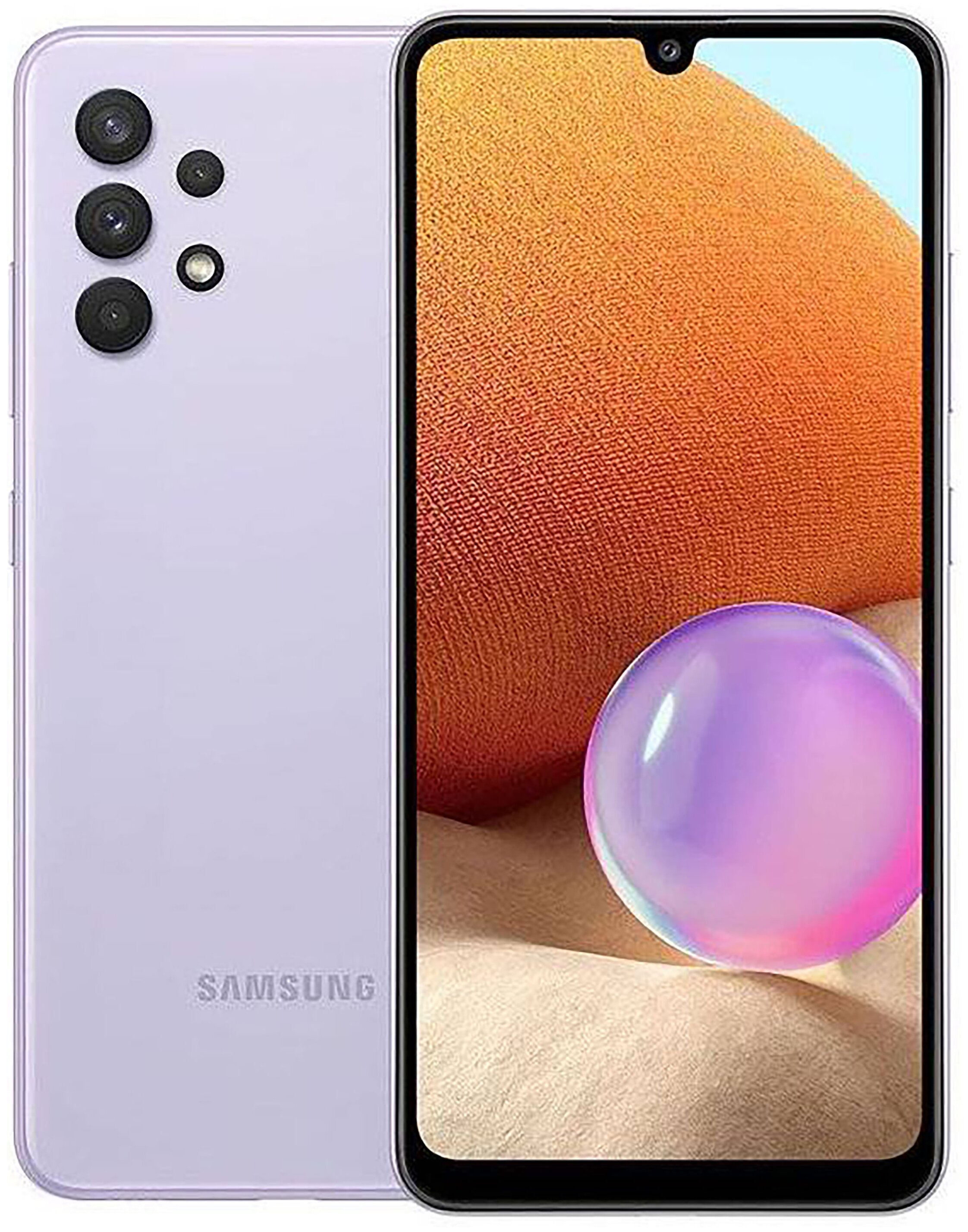 

Смартфон Samsung Galaxy A32, 6.4" 1080x2400 Super AMOLED, MediaTek Helio G80, 4Gb RAM, 64Gb, 3G/4G, NFC, Wi-Fi, BT, 4xCam, 2-Sim, 5000mAh, USB Type-C, Android 12, фиолетовый (SM-A325FLVDCAU), Galaxy A32