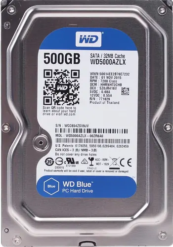 

Жесткий диск (HDD) Western Digital 500Gb Blue, 3.5", 7200rpm, 32Mb, SATA3 (WD5000AZLX)