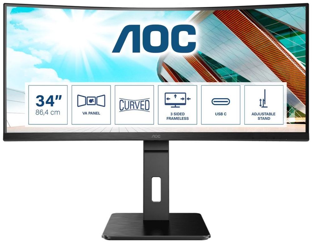 

Монитор 34" AOC CU34P2C VA, изогнутый, 3440x1440 (21:9), 300кд/м2, 100Hz, 1мс, 178°/178°, FreeSync, HDMI, DisplayPort, USB Type-C, USB-Hub, черный (CU34P2C), CU34P2C