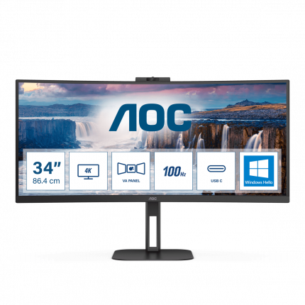 

Монитор 34" AOC CU34V5CW VA, изогнутый, 3440x1440 (21:9), 300кд/м2, 100Hz, 1мс, 178°/178°, FreeSync, HDMI, DisplayPort, USB Type-C, USB-Hub, веб-камера, черный (CU34V5CW/BK), CU34V5CW