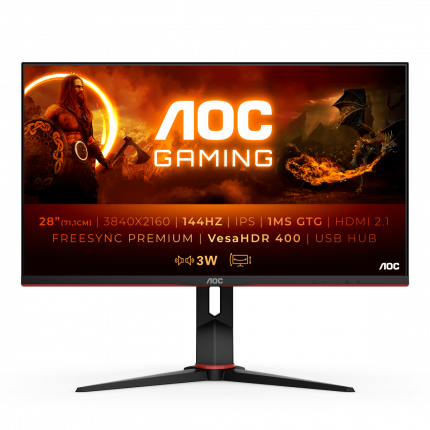 

Монитор 28" AOC Gaming U28G2XU2 IPS, 3840x2160 (16:9), 370кд/м2, 144Hz, 1мс, 178°/178°, Adaptive Sync, HDMI, DisplayPort, USB-Hub, черный (U28G2XU2/BK), U28G2XU2