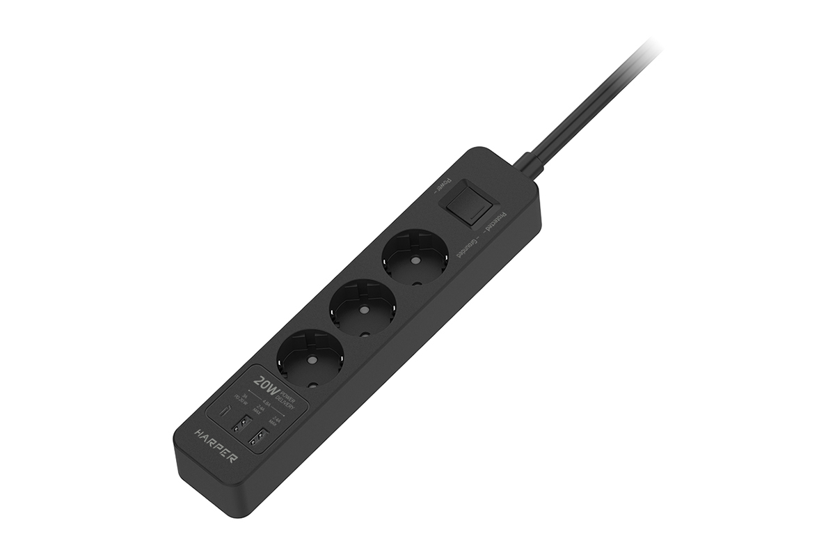 Сетевой удлинитель HARPER UCH-350, 3-розетки, 2 USB и 1USB-C, 1.5м, черный (UCH-350 Black PD3.0)