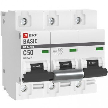 

Выключатель автоматический EKF 3P 50А Basic трехполюсный (3P/3П) 50A C 10кА (mcb47100-3-50C-bas), 3P 50А