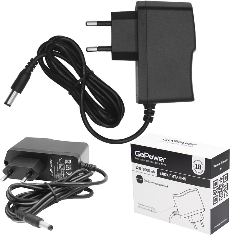 

Блок питания GoPower, 1.0A 12V 5,5x2,5/12мм импульсный, черный (00-00018643)
