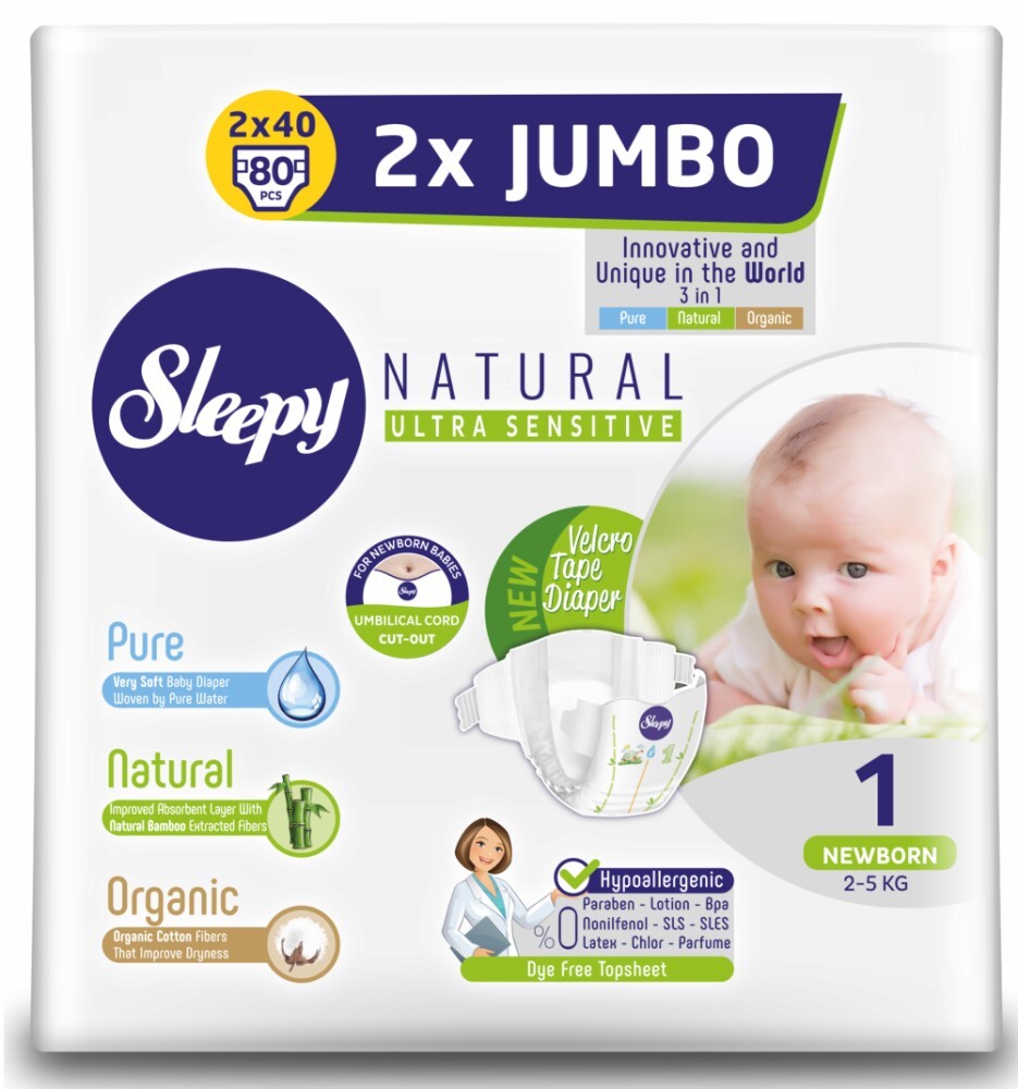 

Детские подгузники Sleepy Natural Double Jumbo Pack 1, 2-5 кг, 80 шт