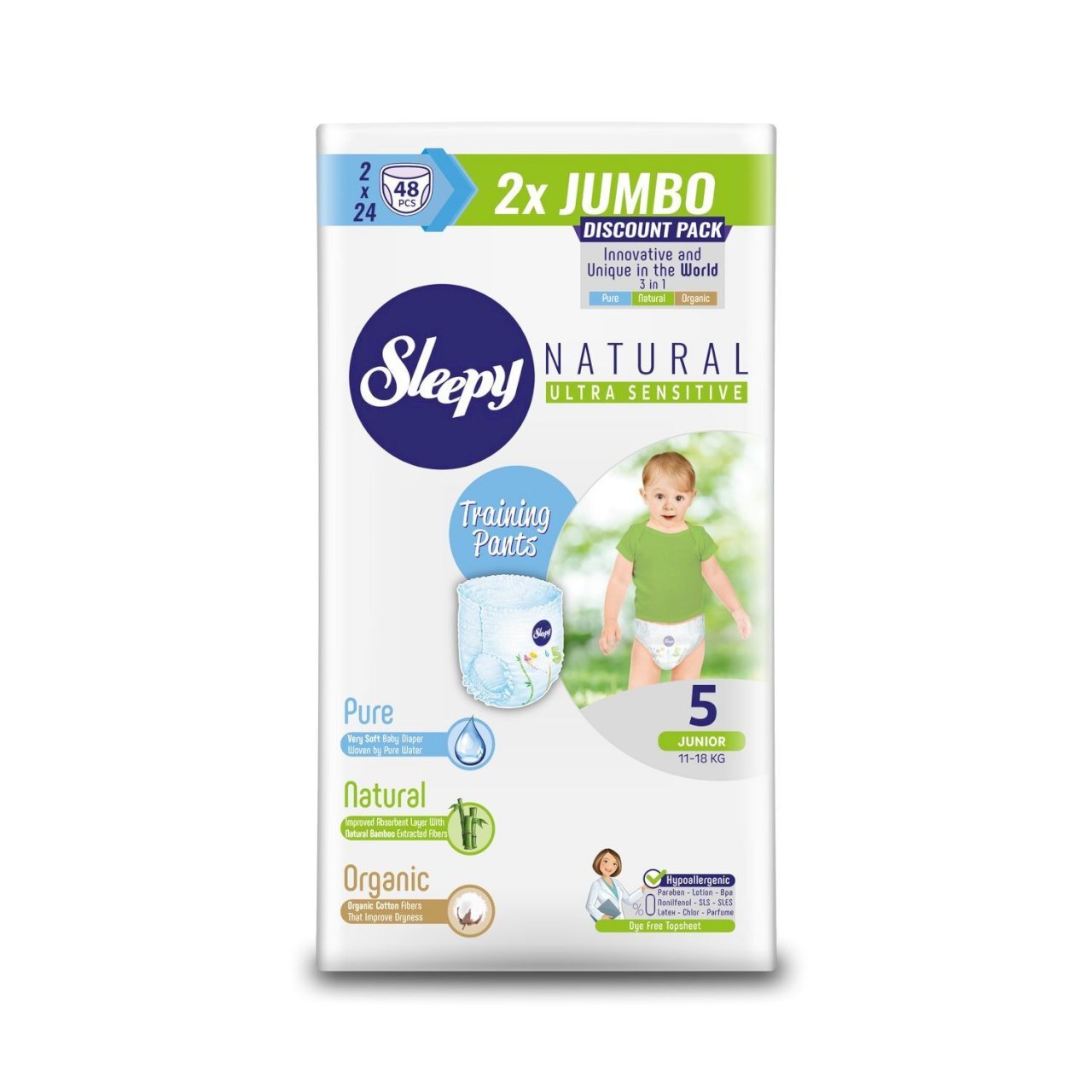 

Детские подгузники Sleepy Natural Double Jumbo Pack 5, 11-18кг, 48шт