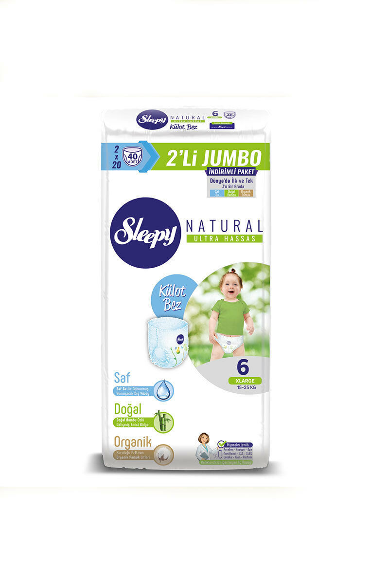 

Детские подгузники Sleepy Natural Double Jumbo Pack 6, 15-25кг, 40шт.