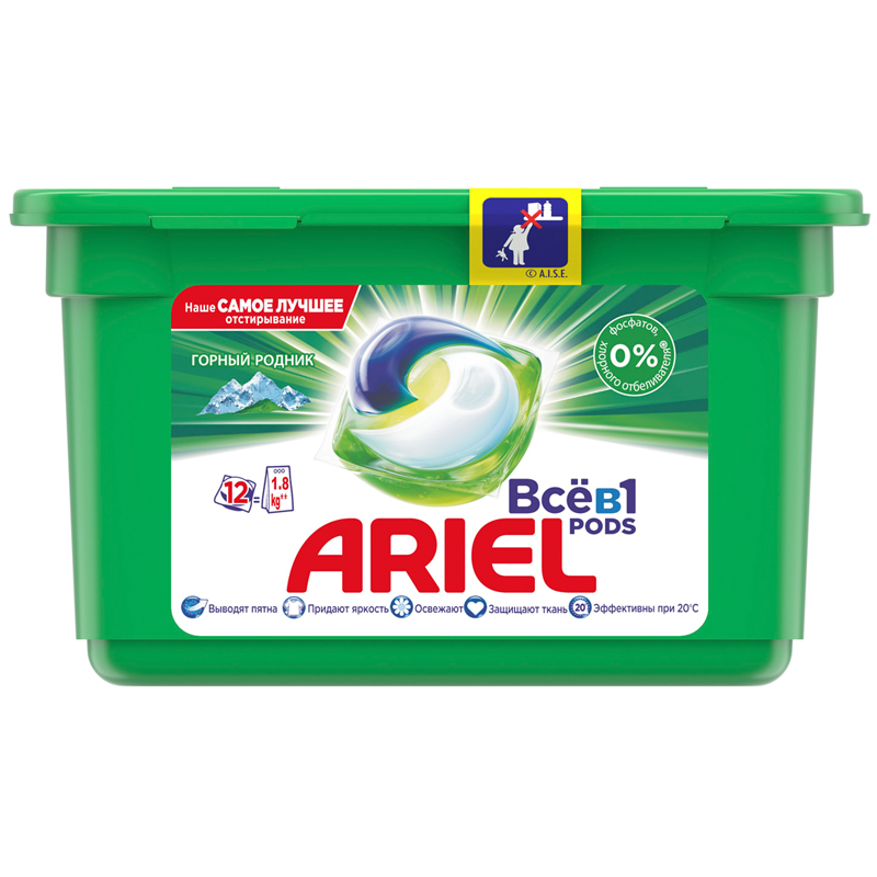 

Капсулы для стирки Ariel Pods Всё-в-1 Color, Горный родник, для цветных тканей, 12шт, Color