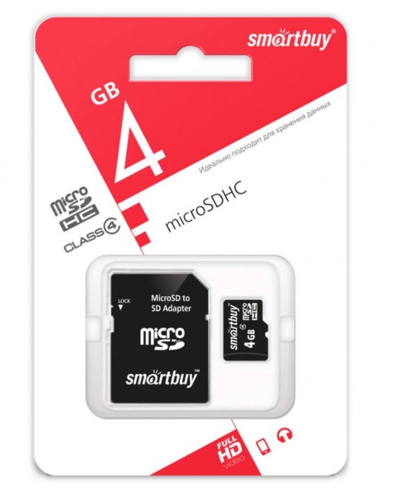 Карта памяти 4Gb microSDHC Smart Buy Class 4 + адаптер (0)