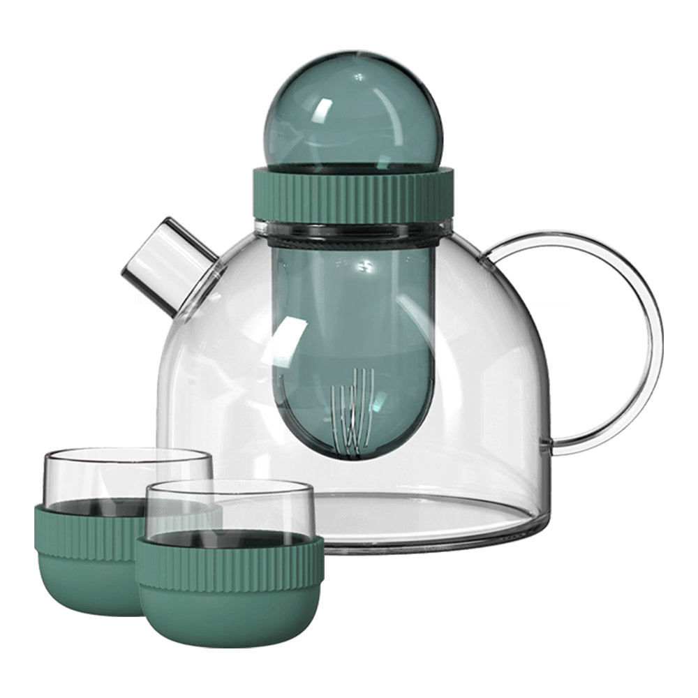 Заварочный чайник и две чашки KissKissFish BoogieWoogie Teapot with cups 0.8л., высокопрочное стекло, зеленый (TEAP08-U)