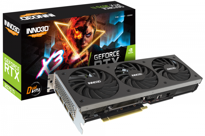 

Видеокарта Inno3D NVIDIA GeForce RTX 3070Ti X3, 8Gb DDR6X, 256bit, PCI-E, HDMI, 3DP, Retail (N307T3-086X-1820VA45), X3