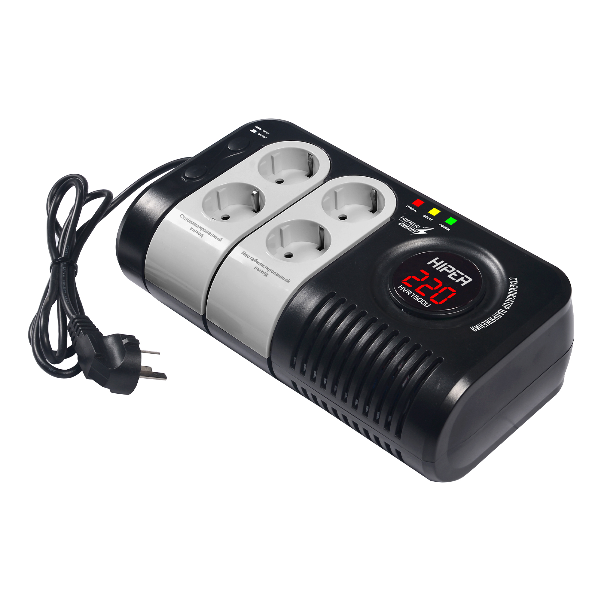 

Стабилизатор напряжения Hiper HVR1500U, 1500 VA, 750 Вт, EURO, черный/серый, HVR1500U
