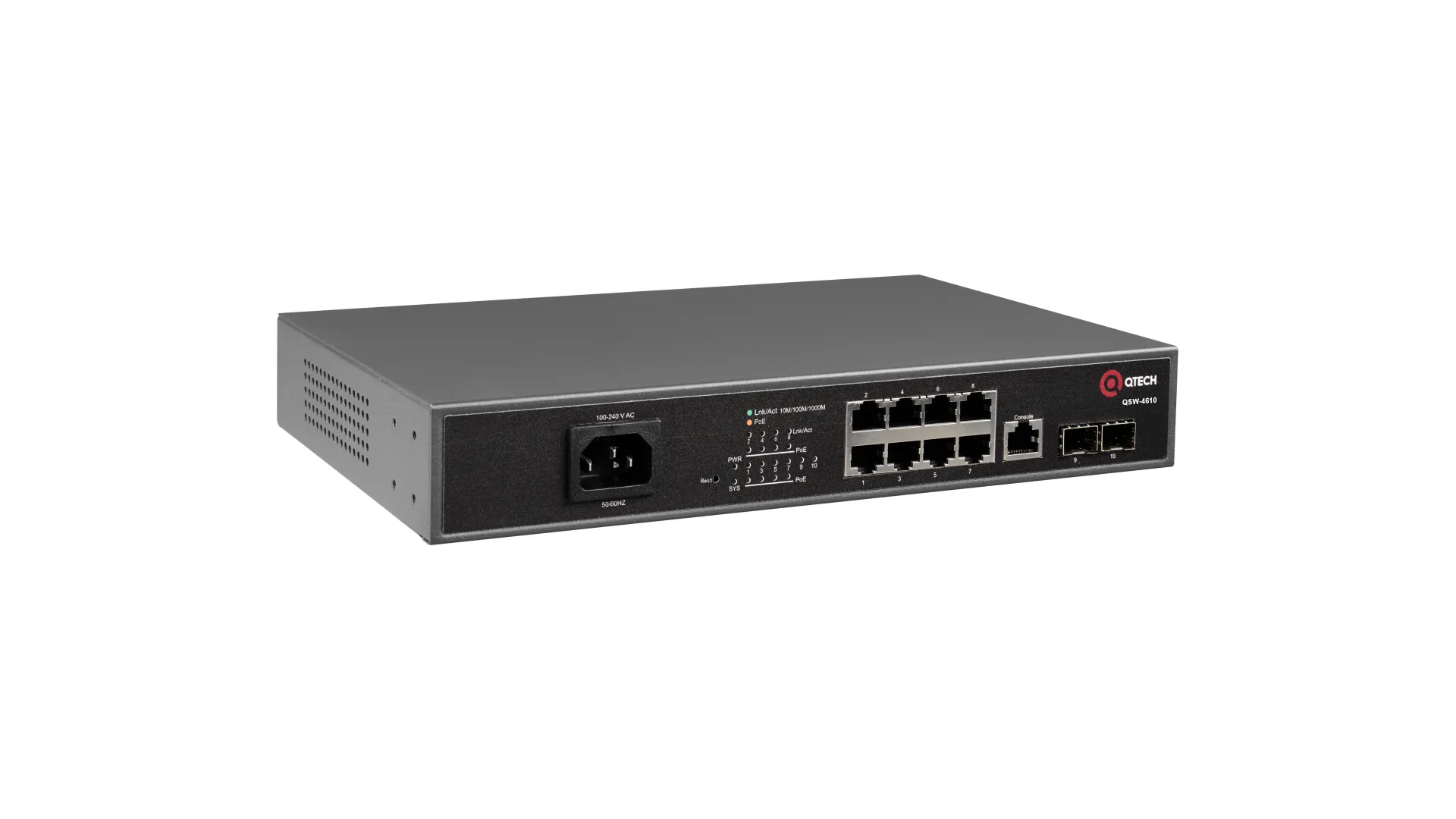 

Коммутатор Qtech QSW-4610-10T-POE-AC, управляемый, кол-во портов: 8x1 Гбит/с, кол-во SFP/uplink: combo RJ-45/SFP 2x1 Гбит/с, установка в стойку, PoE: 8x30Вт (макс. 124Вт) (QSW-4610-10T-POE-AC), QSW-4610-10T-POE-AC