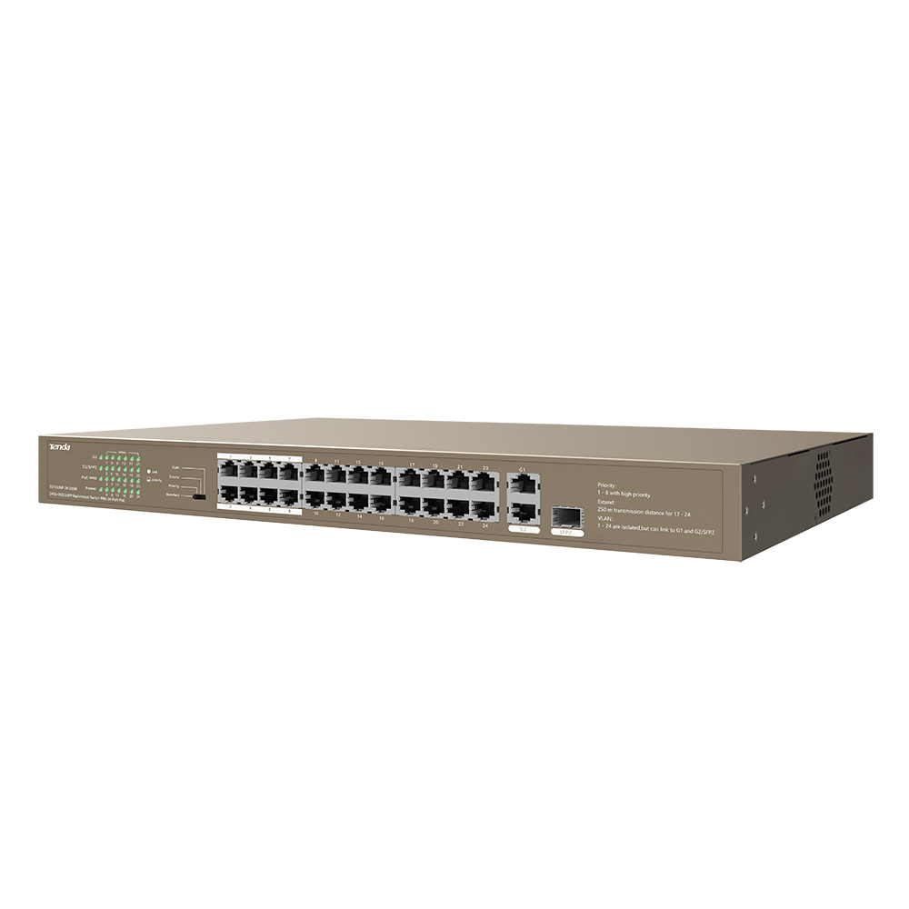 

Коммутатор Tenda TEF1126P-24-250W, кол-во портов: 24x100 Мбит/с, кол-во SFP/uplink: RJ-45 2x1 Гбит/с, установка в стойку, PoE: 24x30Вт (макс. 230Вт) (TEF1126P-24-250W), TEF1126P-24-250W