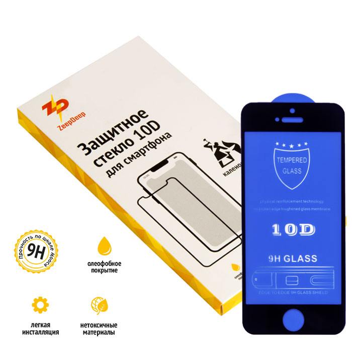 

Защитное стекло ZeepDeep для экрана смартфона Apple iPhone 5, 5S, 5C, SE, Full Glue, защита динамика, черная рамка, 10D (766030)