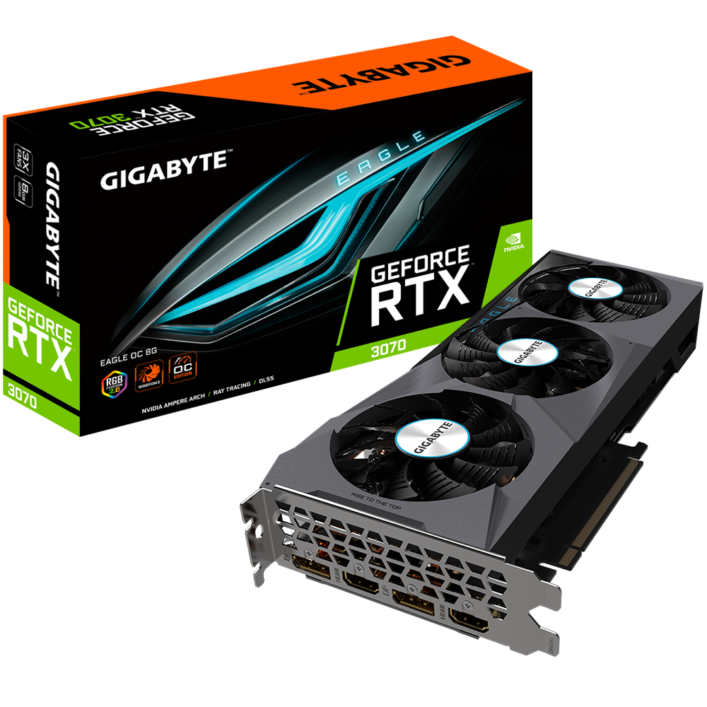 

Видеокарта GIGABYTE NVIDIA GeForce RTX 3070 EAGLE OC, 8Gb DDR6, 256 бит, PCI-E, 2HDMI, 2DP, Retail (GV-N3070EAGLE OC-8GD 2.0), EAGLE OC