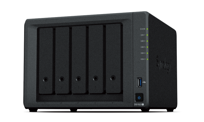 Сетевой накопитель (NAS) Synology DiskStation DS1522+, слоты 5x2.5"/3.5" SATA3, 2xM.2-PCI-E, 4x1 Гбит/с, 2xUSB 3.X, AMD Ryzen R1600/2x2.6GHz, DDR4 SODIMM 8Gb, 120W, (DS1522+)