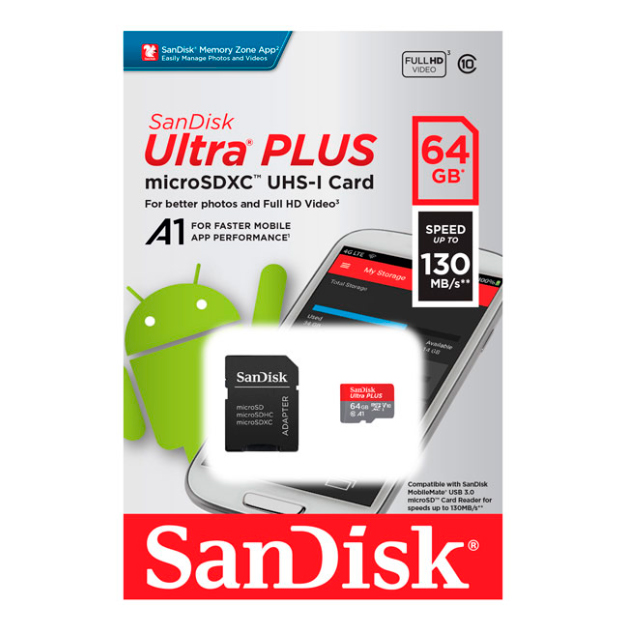 Карта памяти 64Gb microSDXC Sandisk Ultra PLUS Class 10 UHS-I U1 A1 + адаптер (SDSQUB3-064G-GN6MA)