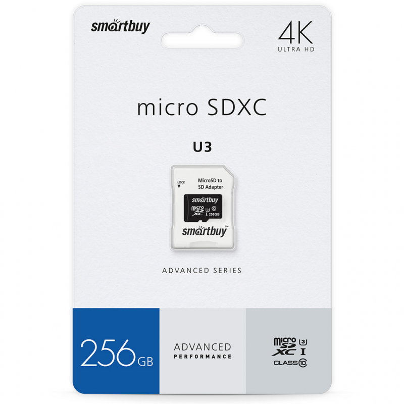 

Карта памяти 256Gb microSDXC SmartBuy Advanced Class 10 UHS-I U3 V30 A1 + адаптер (SB256GBSDU1A-AD), SB256GBSDU1A-AD