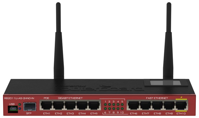 

Wi-Fi роутер MikroTik RB2011UiAS, 802.11n, 2.4 ГГц, до 300 Мбит/с, LAN 10x1 Гбит/с, WAN 1x1 Гбит/с, внешних антенн: 2x4 дБи, 1xUSB 2.0, нужен переходник питания! (RB2011UiAS-2HnD-IN), RB2011UiAS-2HnD-IN