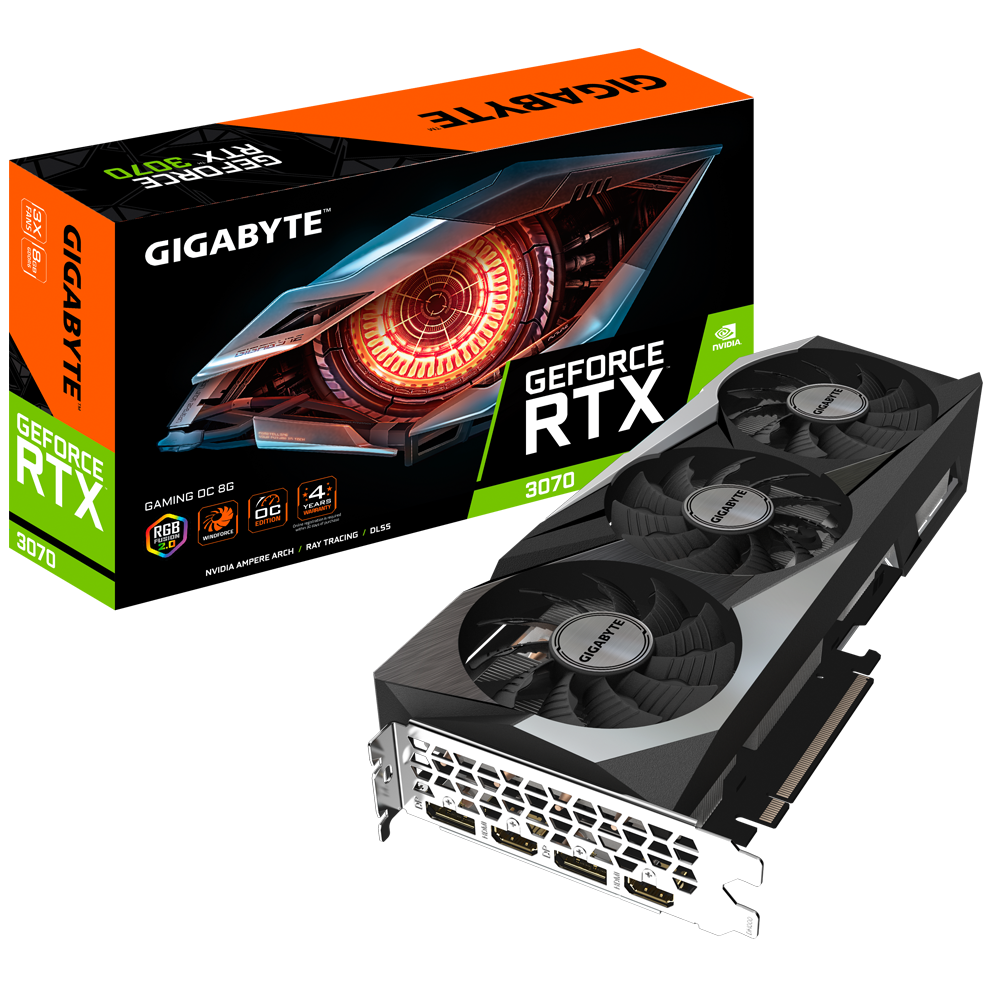 

Видеокарта GIGABYTE NVIDIA GeForce RTX 3070 GAMING OC 8G, 8Gb DDR6, 256 бит, PCI-E, 2HDMI, 2DP, Retail (GV-N3070GAMING OC-8GD V2), GAMING OC 8G