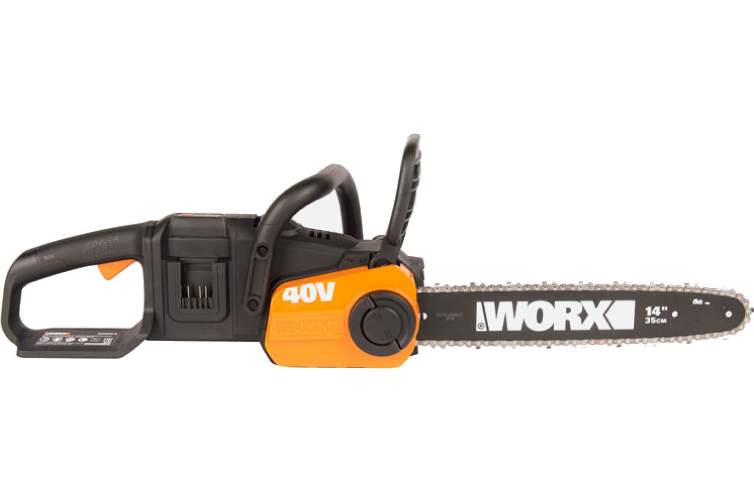 

Пила цепная WORX WG384E.9, шина 35см, шаг 3/8 дюйма, аккумуляторная, 40В, Li-Ion, 4.7кг, без АКБ и ЗУ, WG384E.9