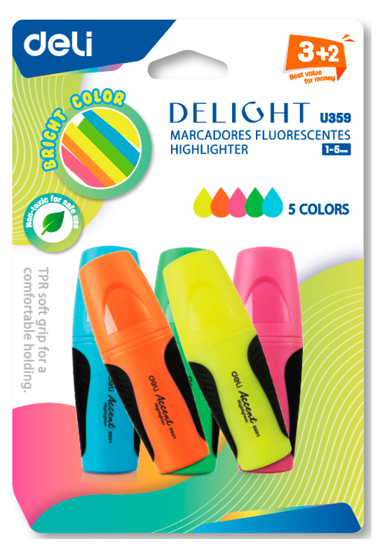 

Набор текстовыделителей Deli CU359 скошенный пиш. наконечник 1-5мм 5цв. ассорти блистер (5шт.) (CU359), 0