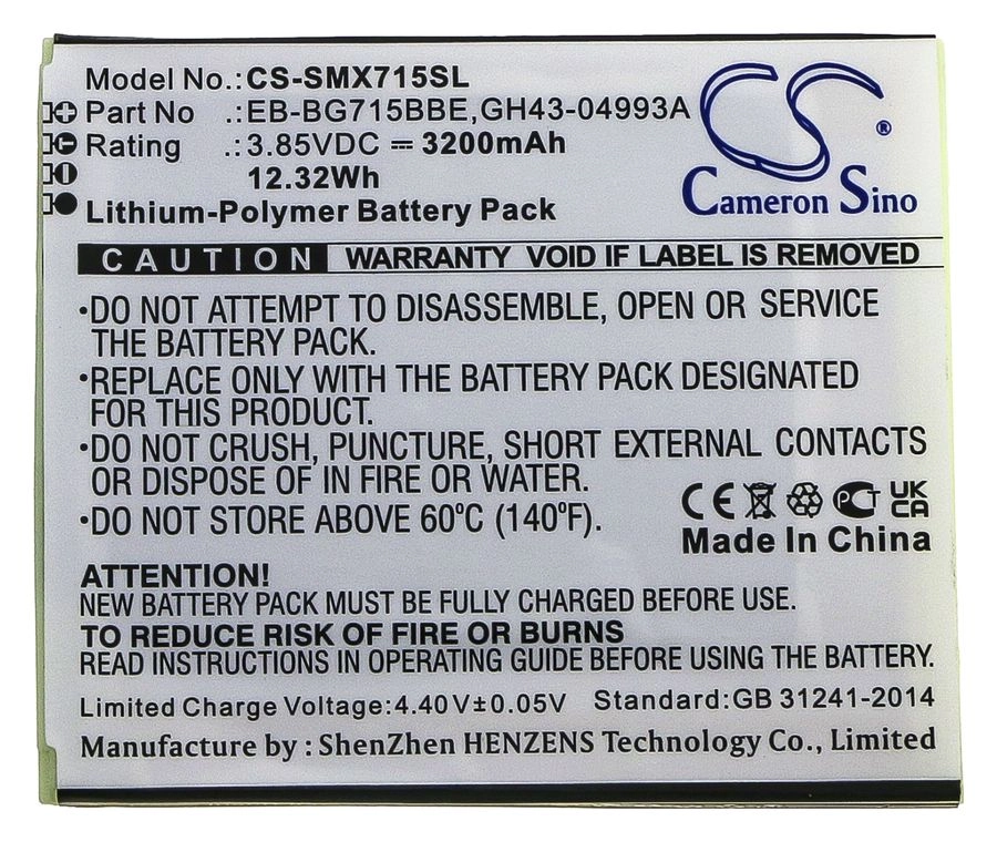 

Аккумулятор CameronSino для Samsung Galaxy Xcover Pro, SM-G715,SM-G715U, SM-G715FN/DS, 3.85V, 3200mAh (CS-SMX715SL)