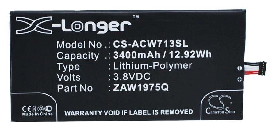 

Аккумулятор CameronSino CS-ACW713SL, 3.8V, 3400mAh, Li-pol для Acer Iconia Tab 7 (A1-713, A1-713HD), CS-ACW713SL